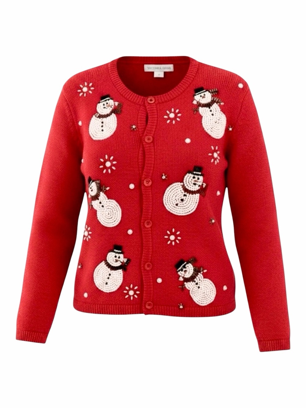 Victoria Jones Woman Vintage Snowman Christmas Cardigan Beaded Red L